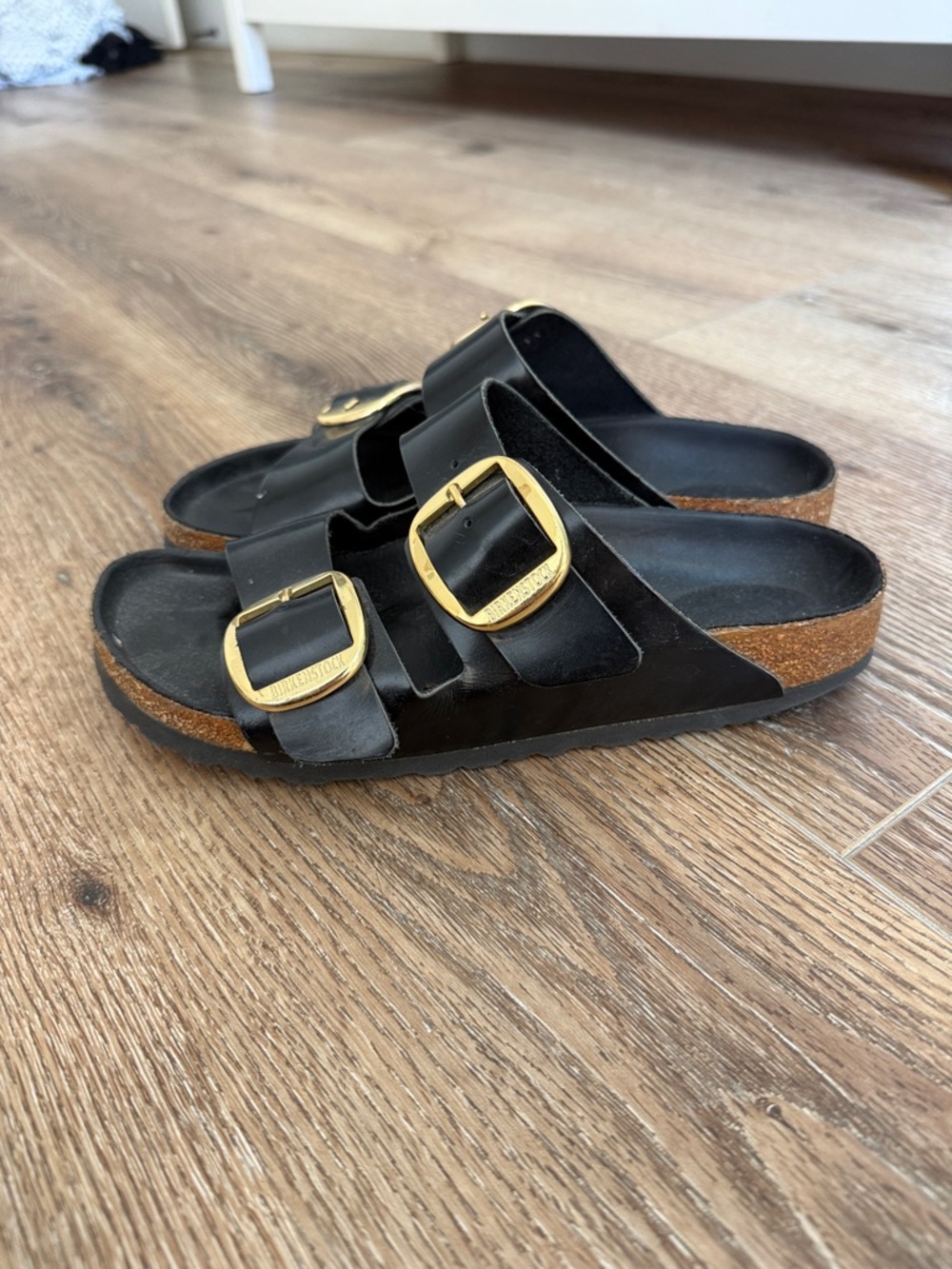 Birkenstock Arizona Big Buckle High Shine Black Sandals with Gold Hardware